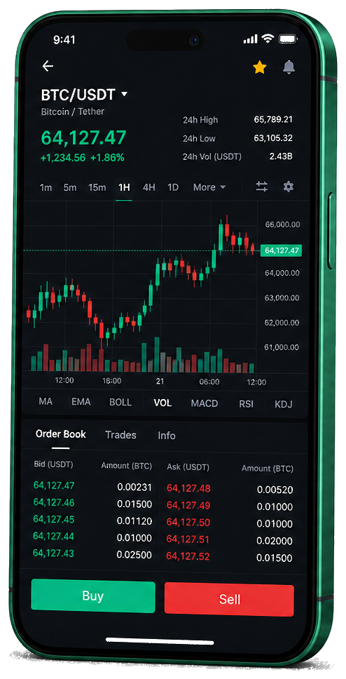 Berk Waardborg trading platform mobiel — live BTC/USDT grafiek, orderboek en koop/verkoop scherm